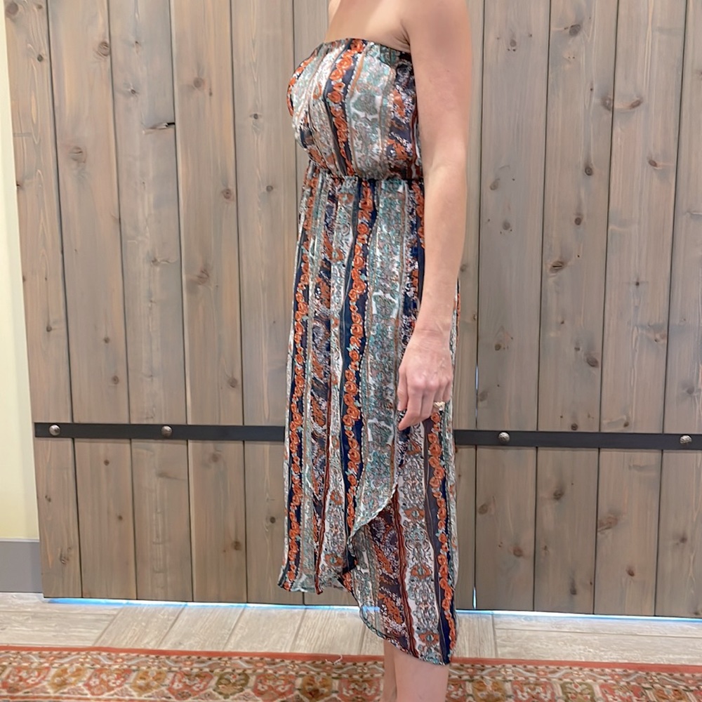 Blu Pepper Strapless Midi Dress, Sz Med. Floral Print